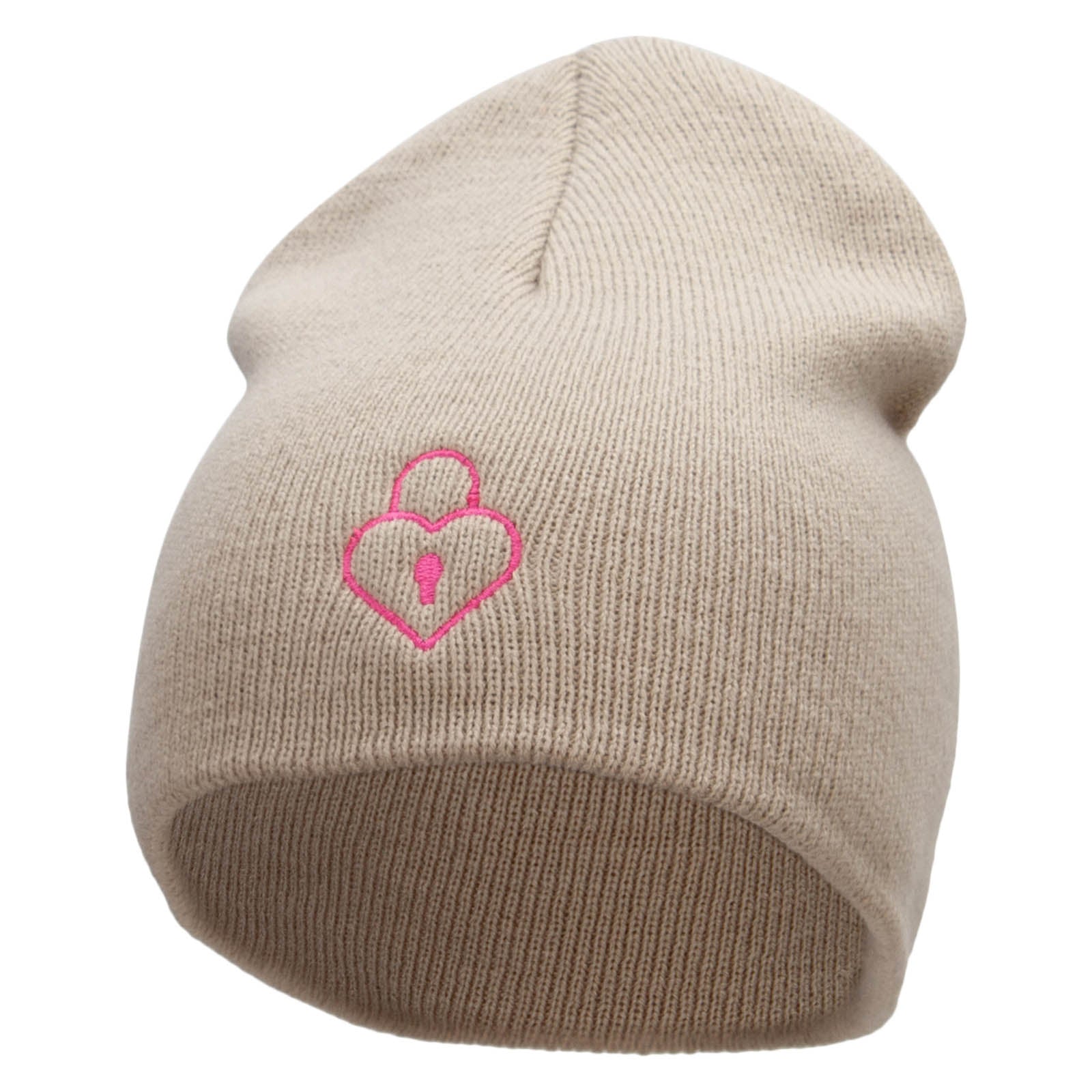 Lock Of Love Embroidered 8 Inch Short Beanie Made in USA - Cream OSFM