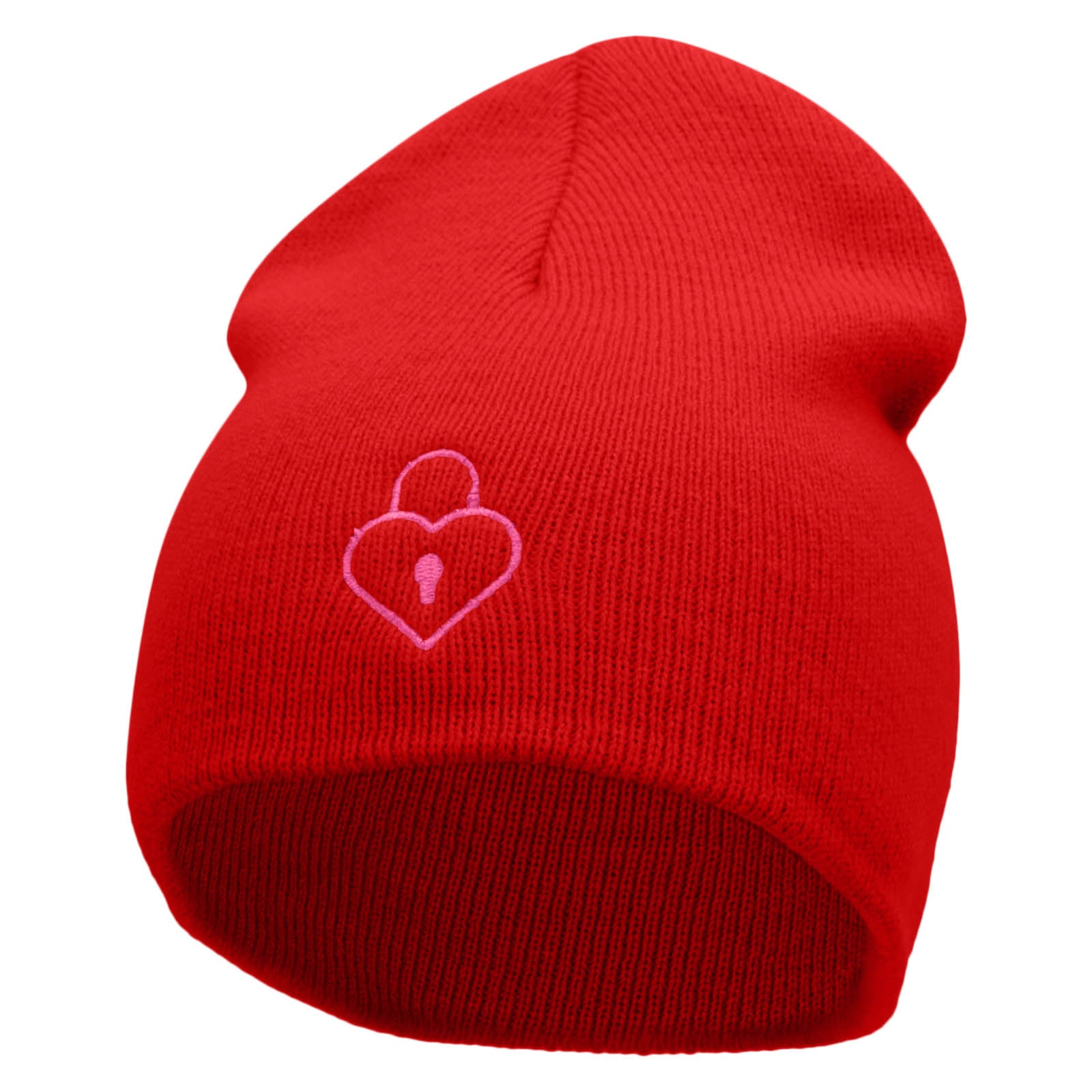 Lock Of Love Embroidered 8 Inch Short Beanie Made in USA - Red OSFM