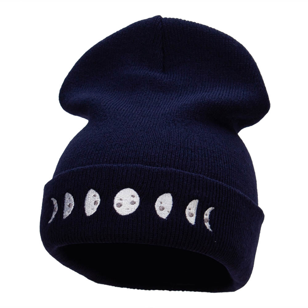 Moon Phases Embroidered Long Beanie Made in USA - Navy OSFM