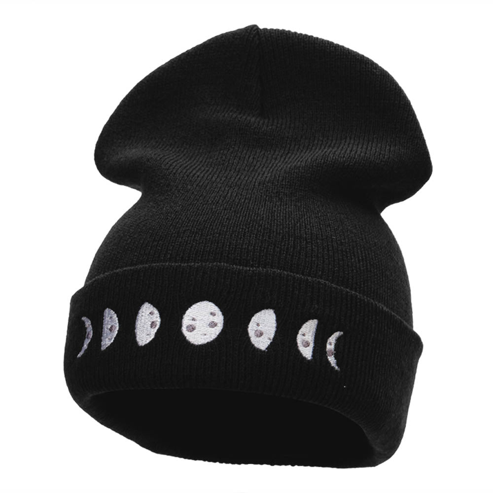 Moon Phases Embroidered Long Beanie Made in USA - Black OSFM