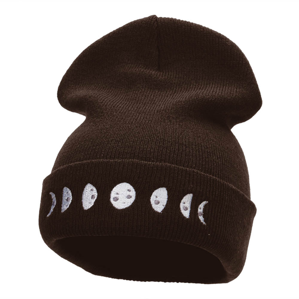 Moon Phases Embroidered Long Beanie Made in USA - Dark Brown OSFM