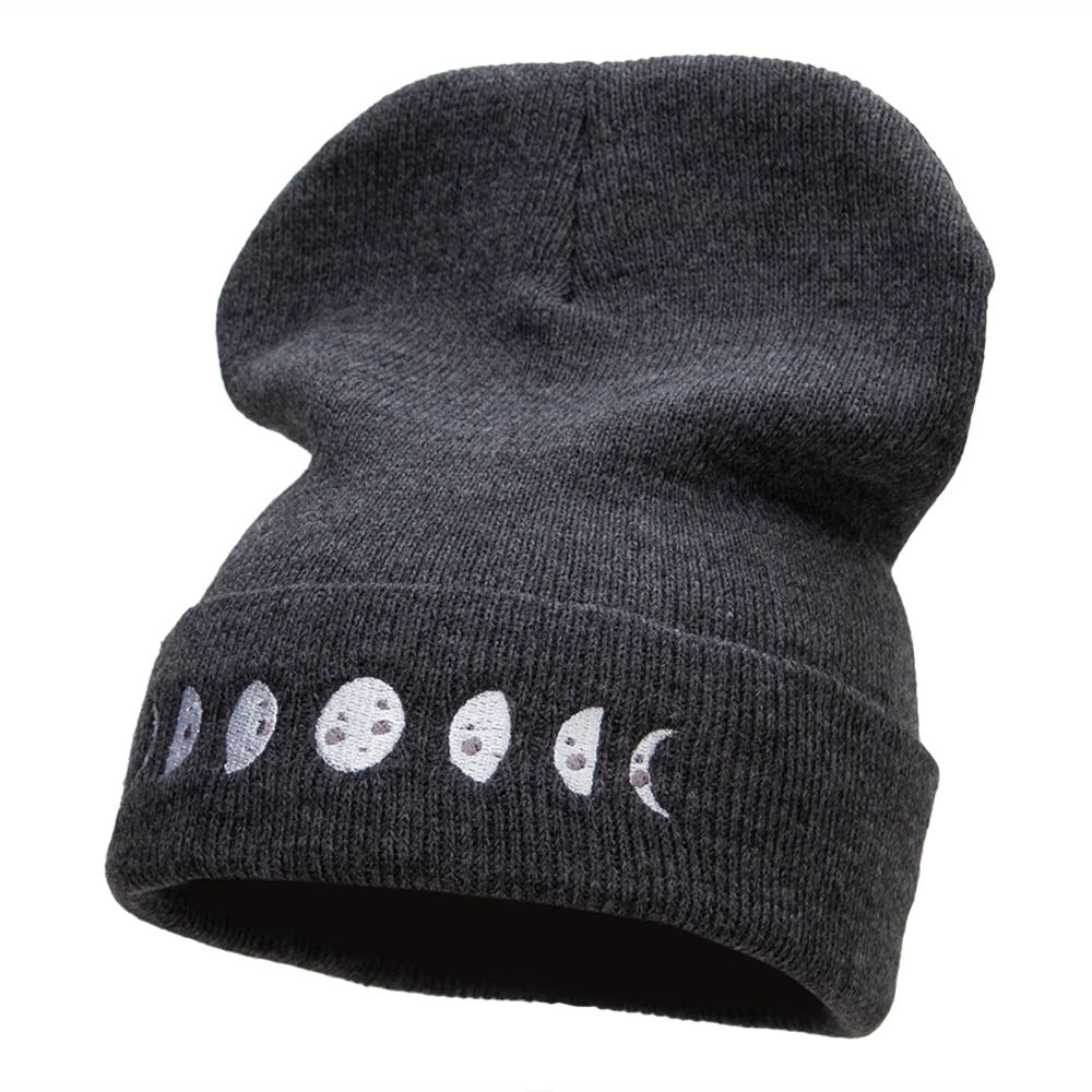 Moon Phases Embroidered Long Beanie Made in USA - Dark Grey OSFM