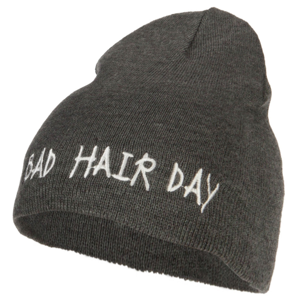 Bad Hair Day Embroidered Knitted Short Beanie - Dk Grey OSFM