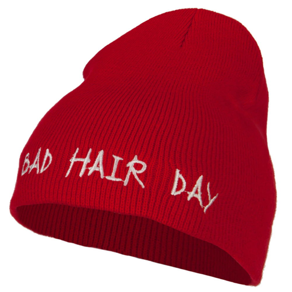 Bad Hair Day Embroidered Knitted Short Beanie - Red OSFM