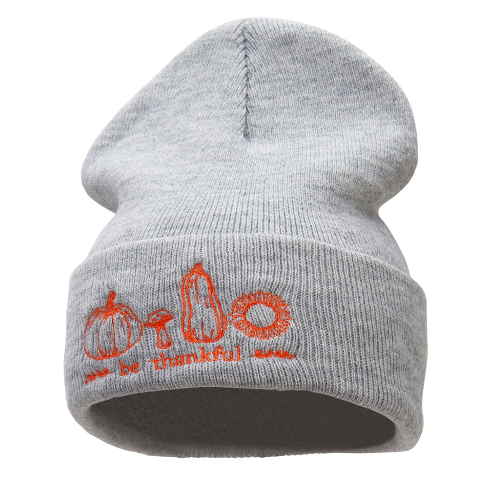 Be Thankful Embroidered Knitted Long Beanie - Heather Grey OSFM