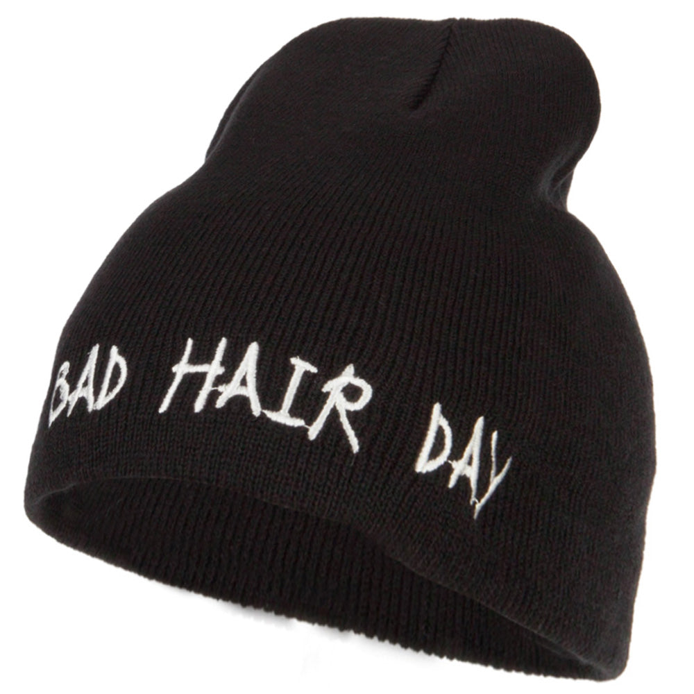 Bad Hair Day Embroidered Knitted Short Beanie - Black OSFM