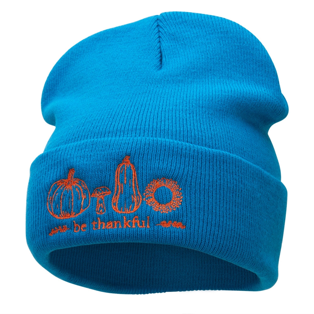 Be Thankful Embroidered Knitted Long Beanie - Aqua OSFM