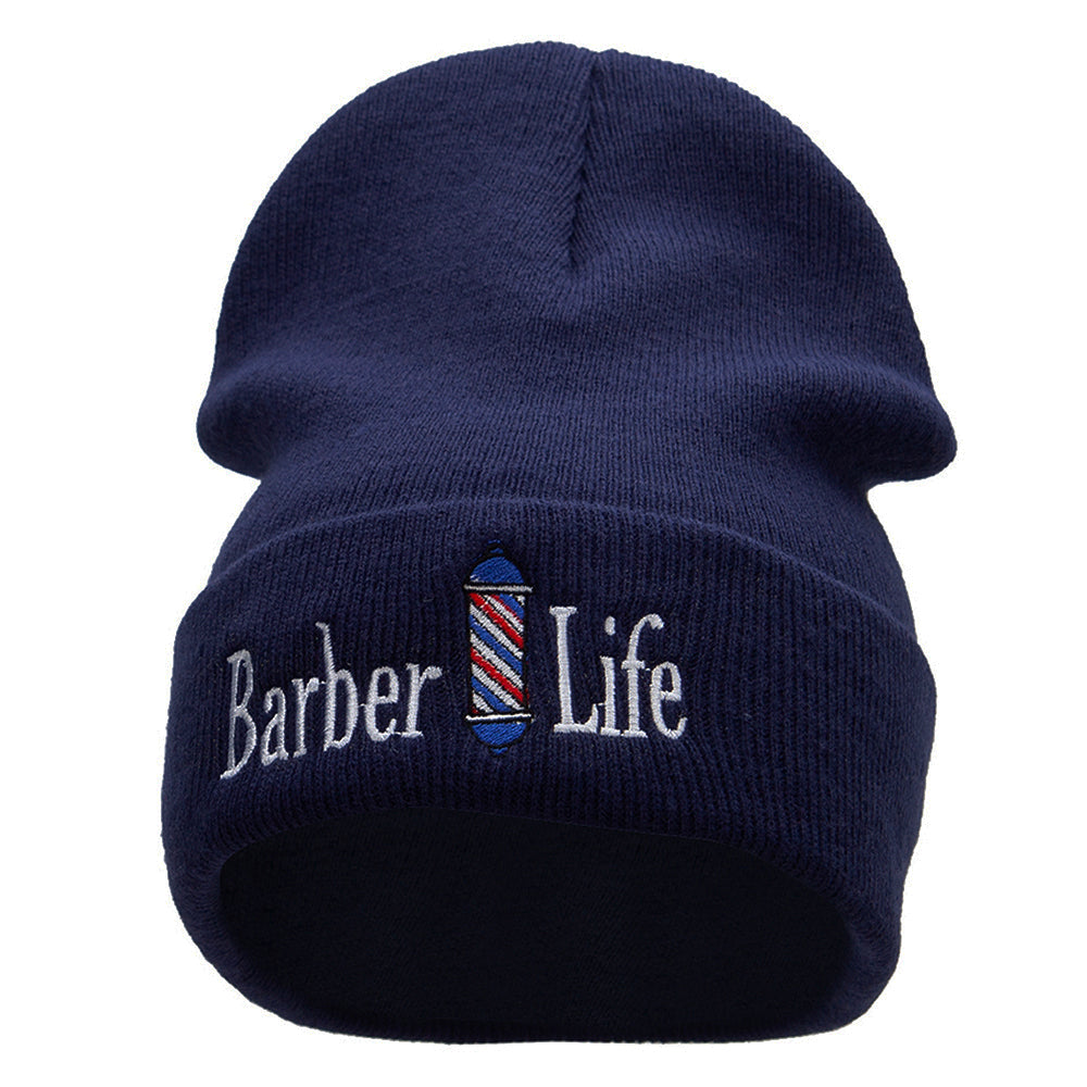 Barber Life Embroidered 12 Inch Long Knitted Beanie - Navy OSFM