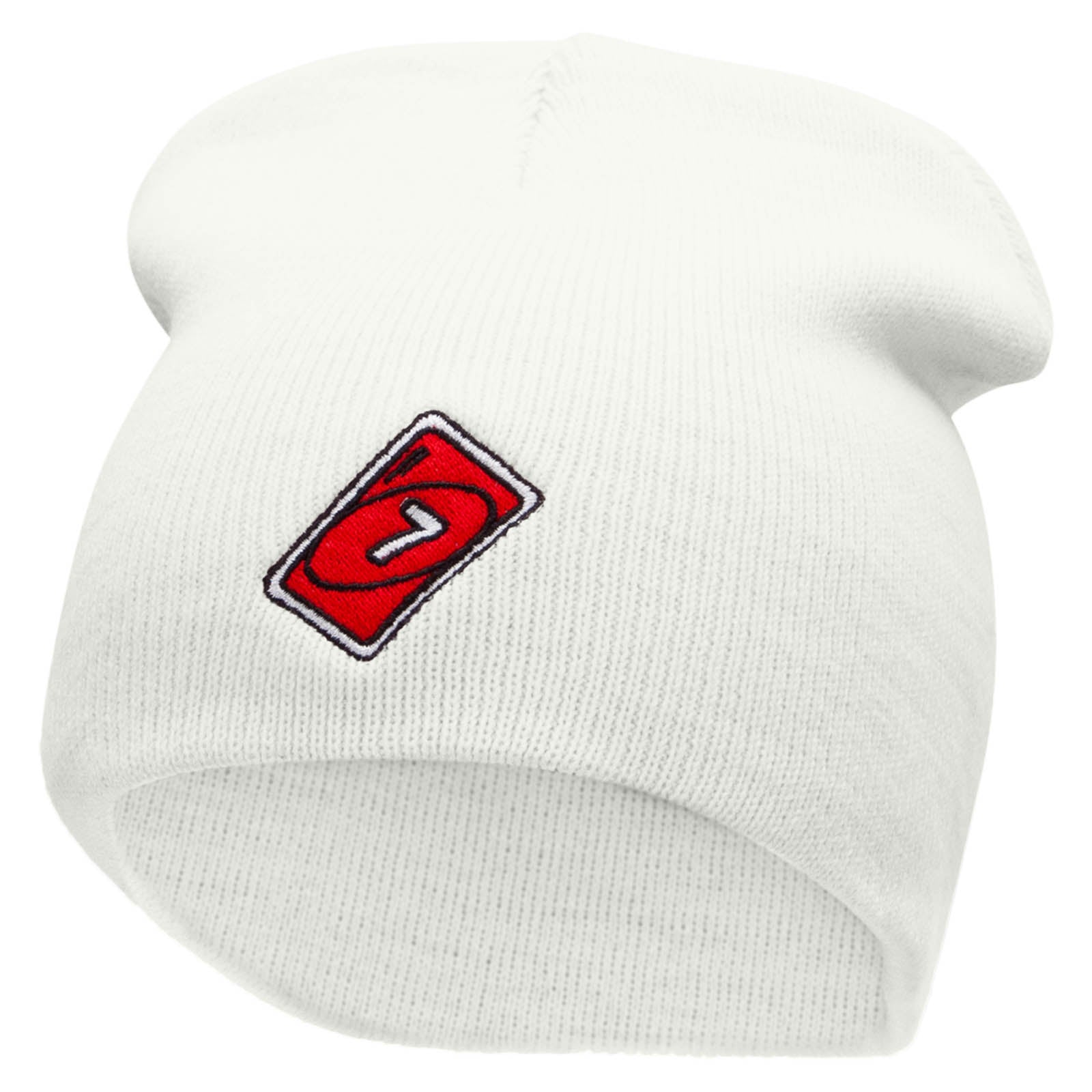 Single Lucky 7 Card Game Embroidered 8 Inch Short Beanie - White OSFM
