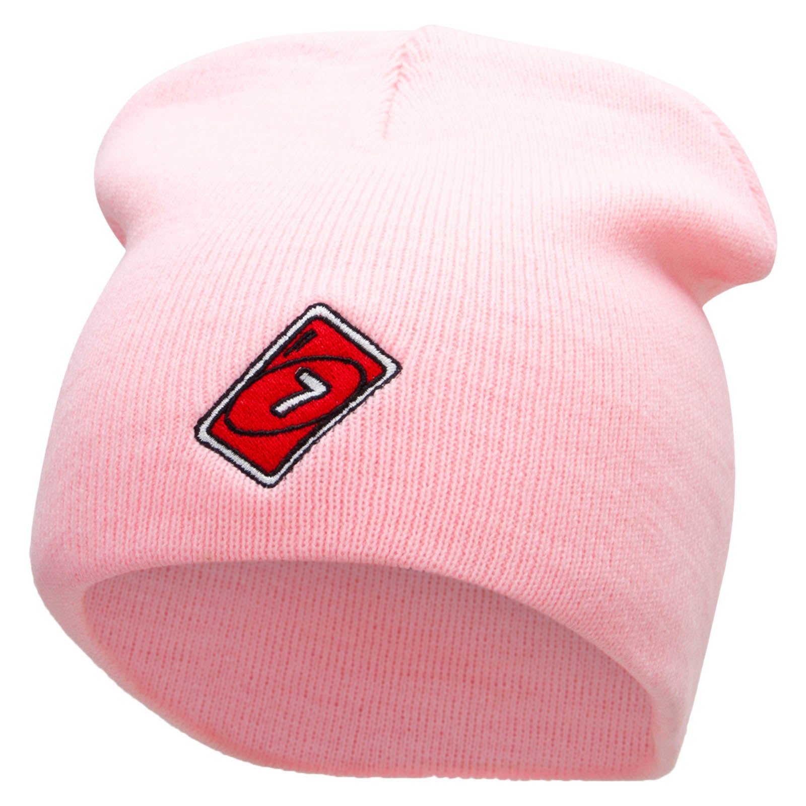 Single Lucky 7 Card Game Embroidered 8 Inch Short Beanie - Pink OSFM