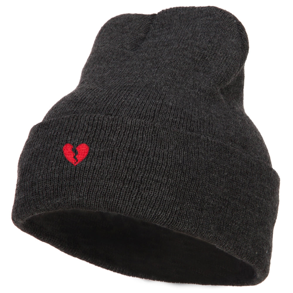 Mini Broken Heart Embroidered Long Beanie - Heather Charcoal OSFM