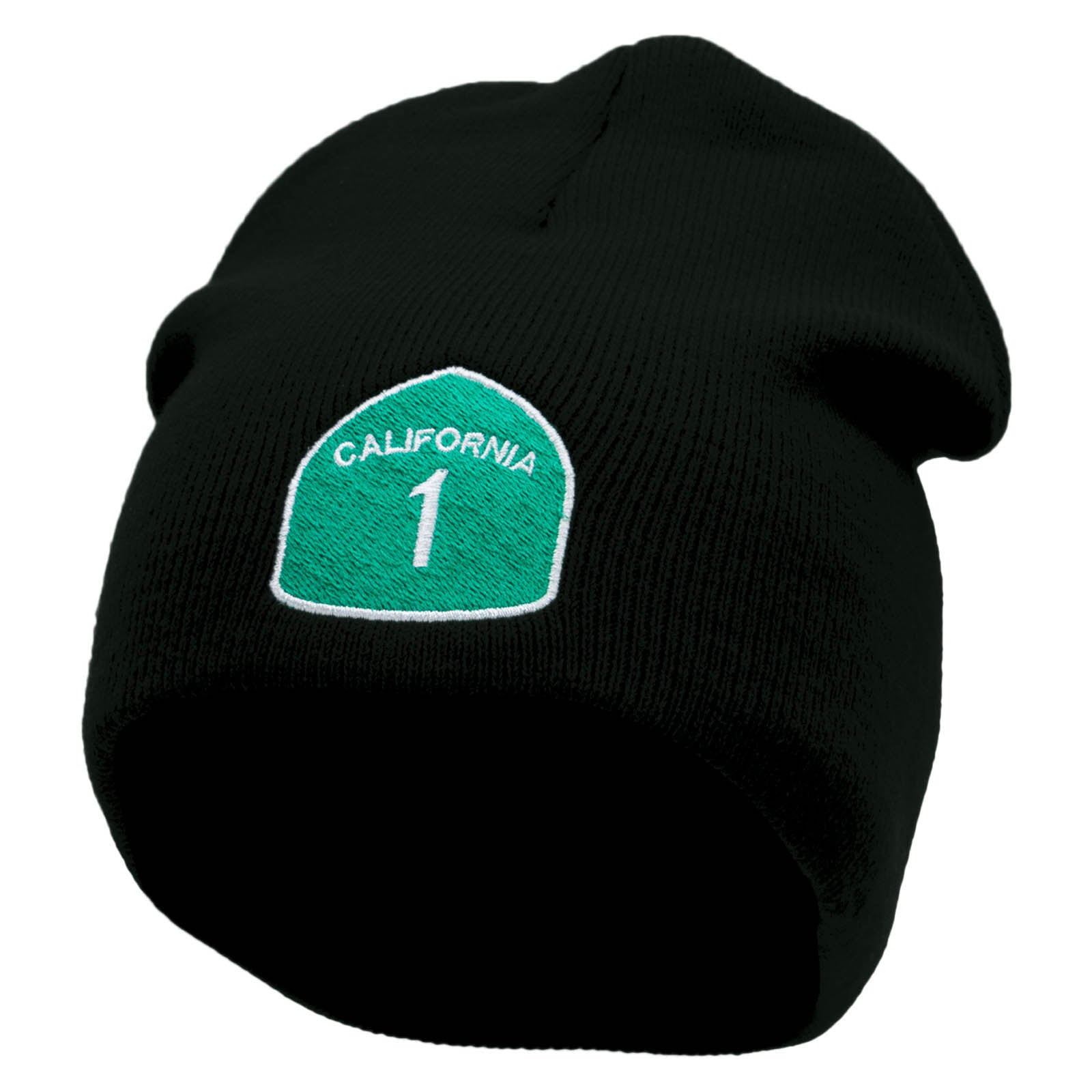 Pacific Coast California 1 Highway Embroidered 8 Inch Short Beanie Made in USA - Black OSFM