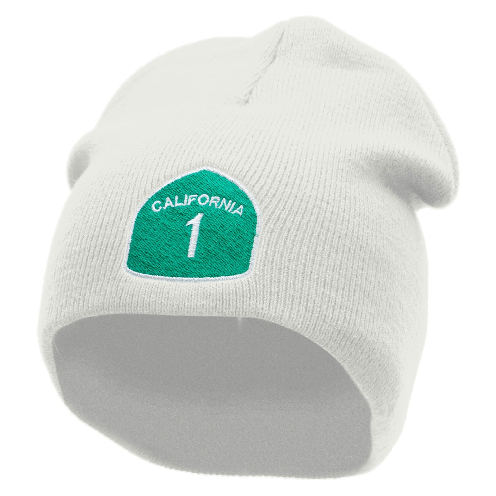 Pacific Coast California 1 Highway Embroidered 8 Inch Short Beanie Made in USA - White OSFM