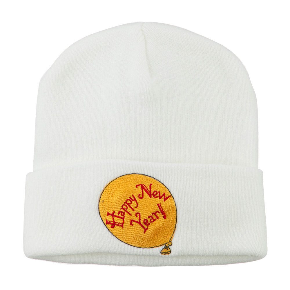 Happy New Year Balloon Embroidered Beanie - White OSFM