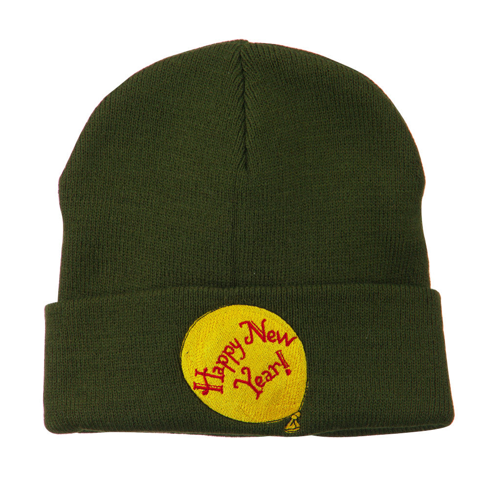 Happy New Year Balloon Embroidered Beanie - Olive OSFM