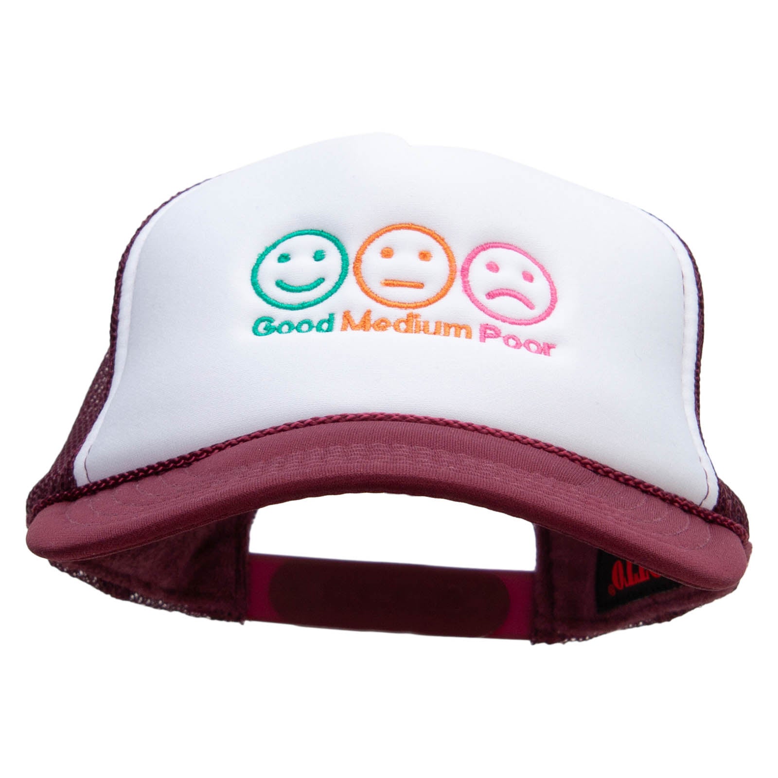 Three Emotion Emojis Embroidered Foam Panel Mesh Snapback - Maroon White OSFM