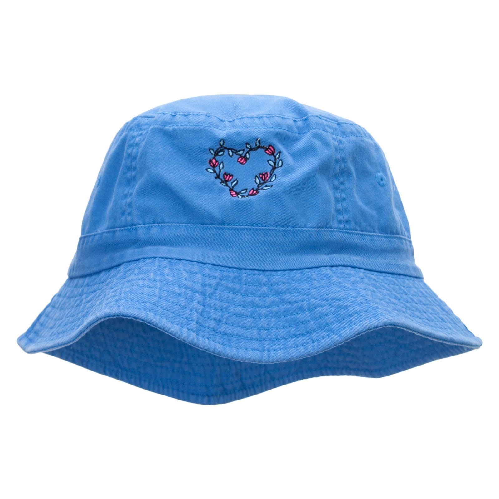 Flowery Heart Embroidered Pigment Dyed Bucket Hat - Indigo OSFM