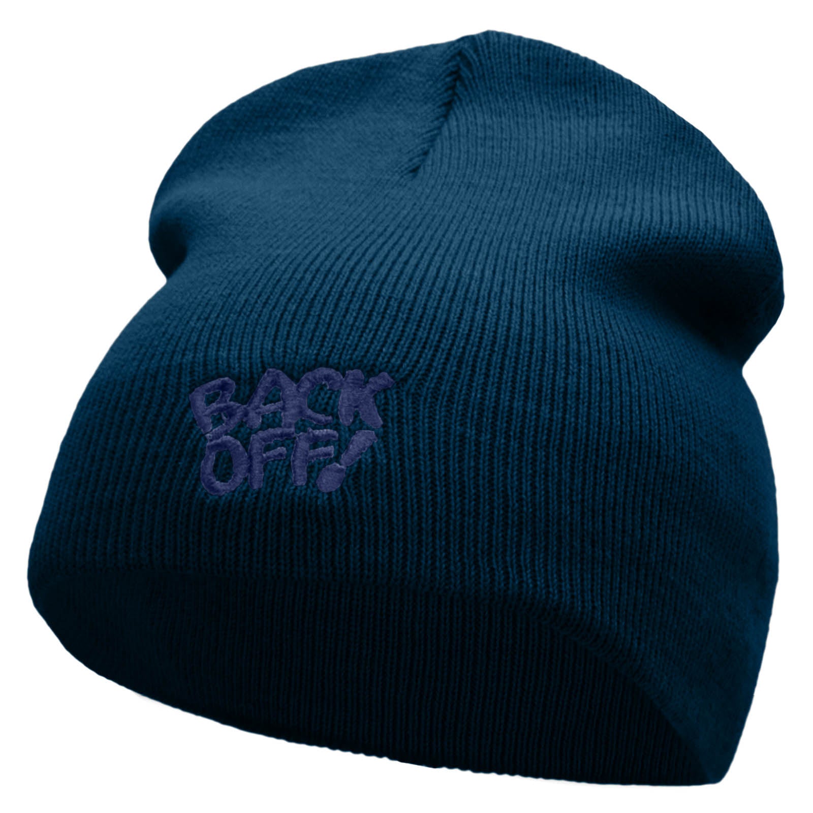 Back Off Saying Embroidered Short Beanie - Navy OSFM