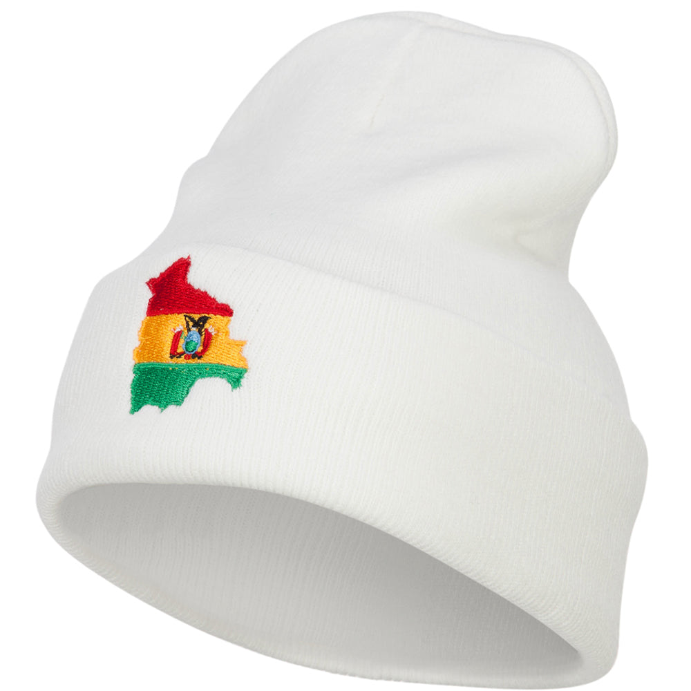 Bolivia Flag Map Embroidered Long Beanie - White OSFM