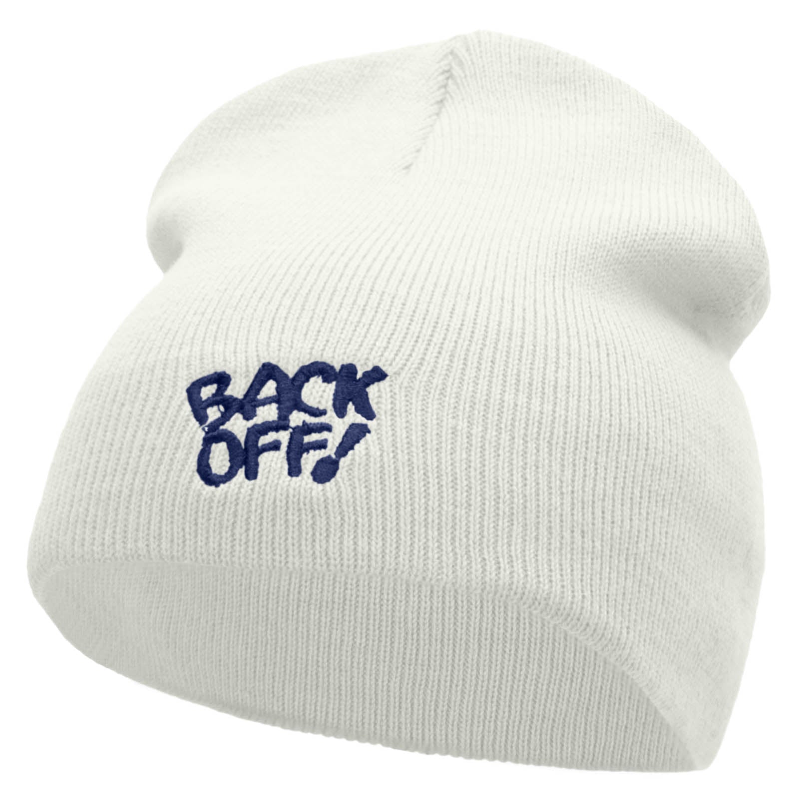 Back Off Saying Embroidered Short Beanie - White OSFM