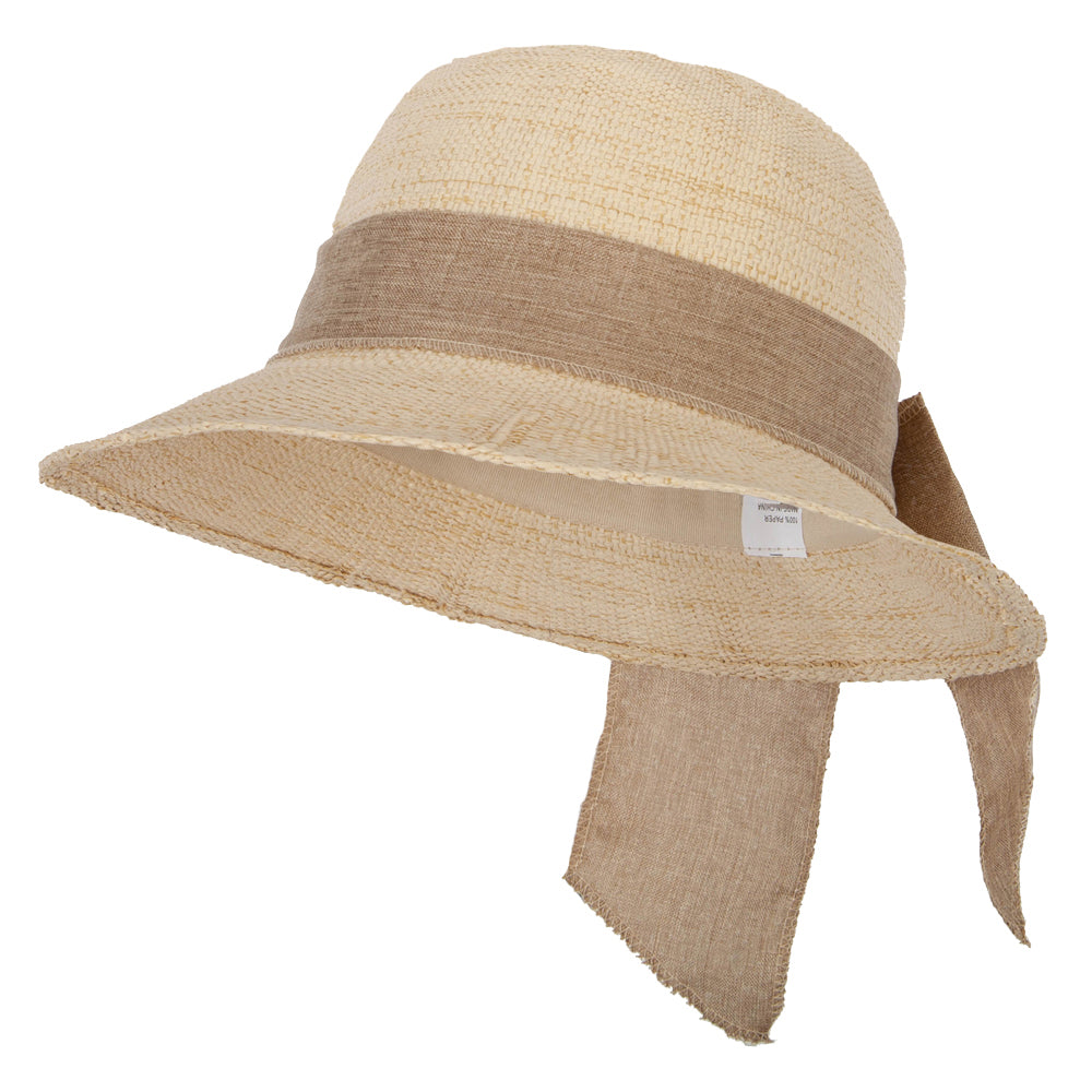 Women&#039;s Paper Braid Cotton Wide Ribbon Tie Accented Bucket Hat - Tan OSFM