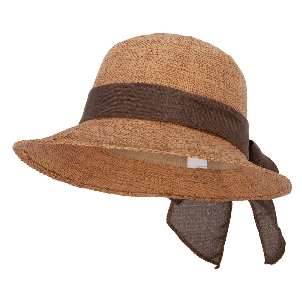 Women&#039;s Paper Braid Cotton Wide Ribbon Tie Accented Bucket Hat - Brown OSFM