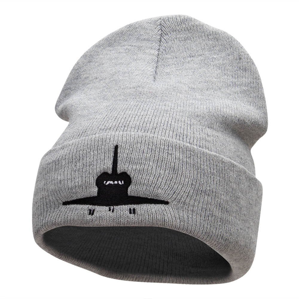 Space Shuttle Silhouette Embroidered Long Knitted Beanie - Heather Grey OSFM