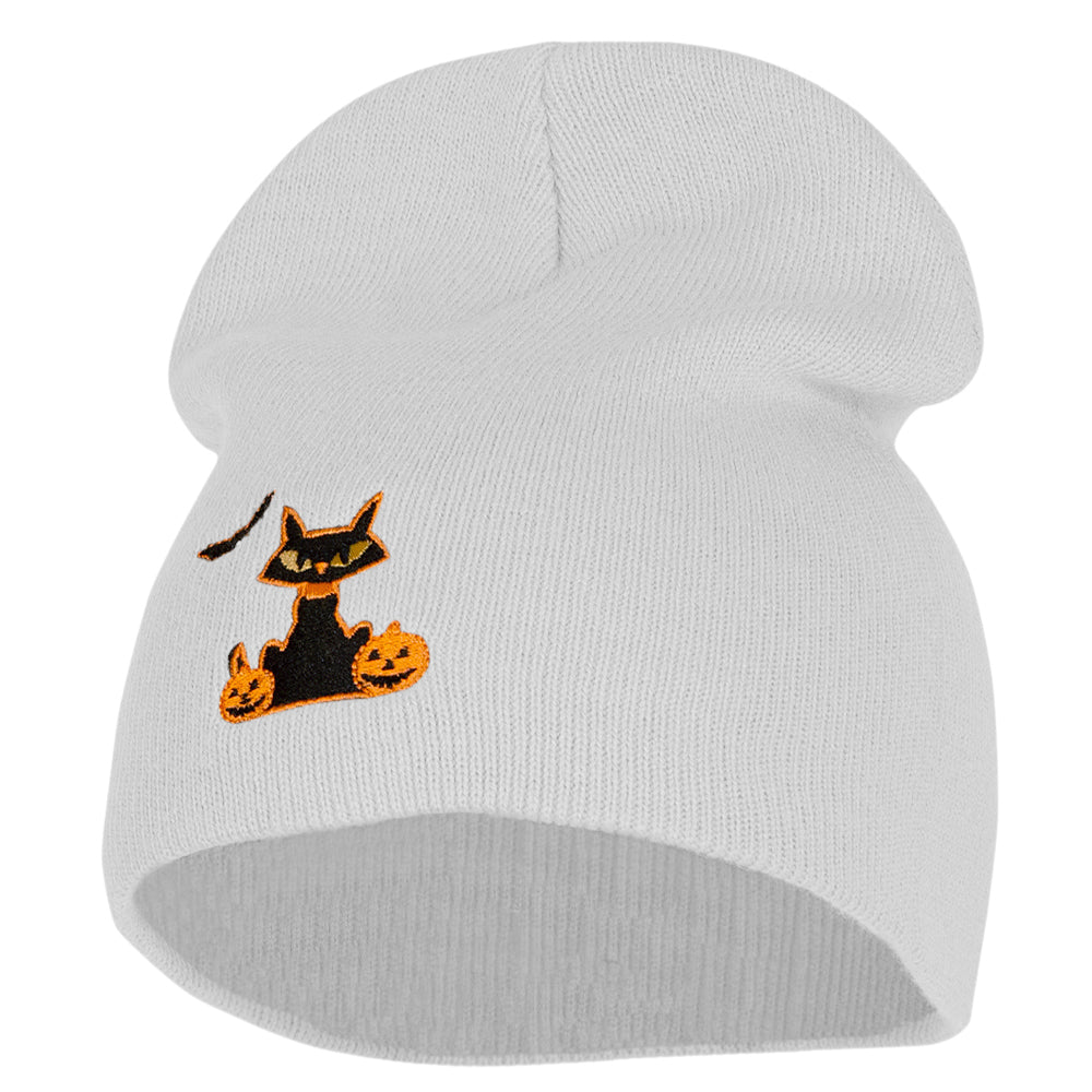 Halloween Bat, Cat and Pumpkin Embroidered Short Beanie - White OSFM