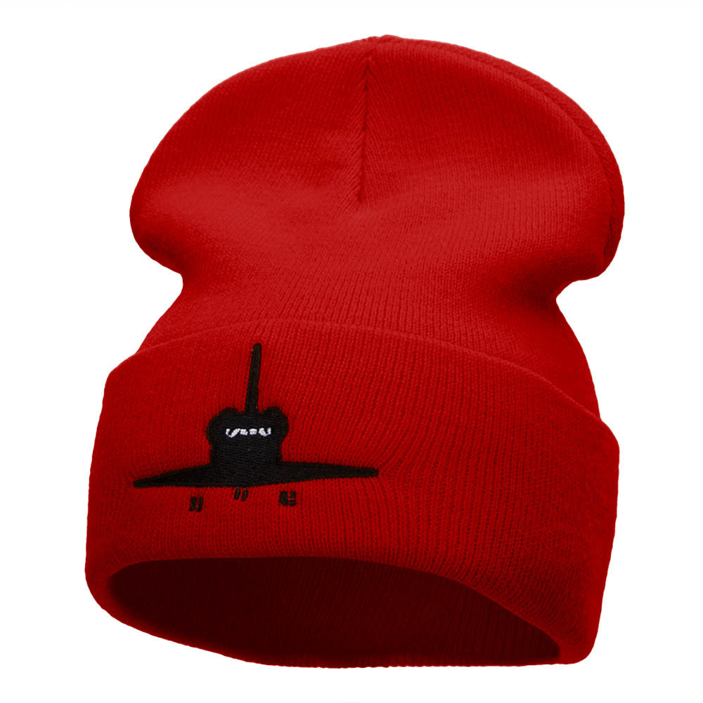 Space Shuttle Silhouette Embroidered Long Knitted Beanie - Red OSFM
