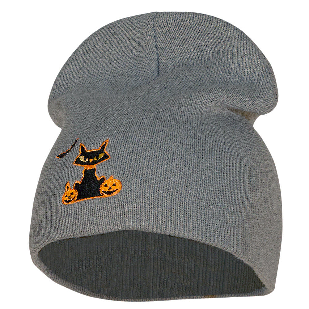 Halloween Bat, Cat and Pumpkin Embroidered Short Beanie - Grey OSFM
