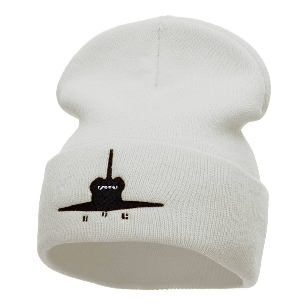 Space Shuttle Silhouette Embroidered Long Knitted Beanie - White OSFM