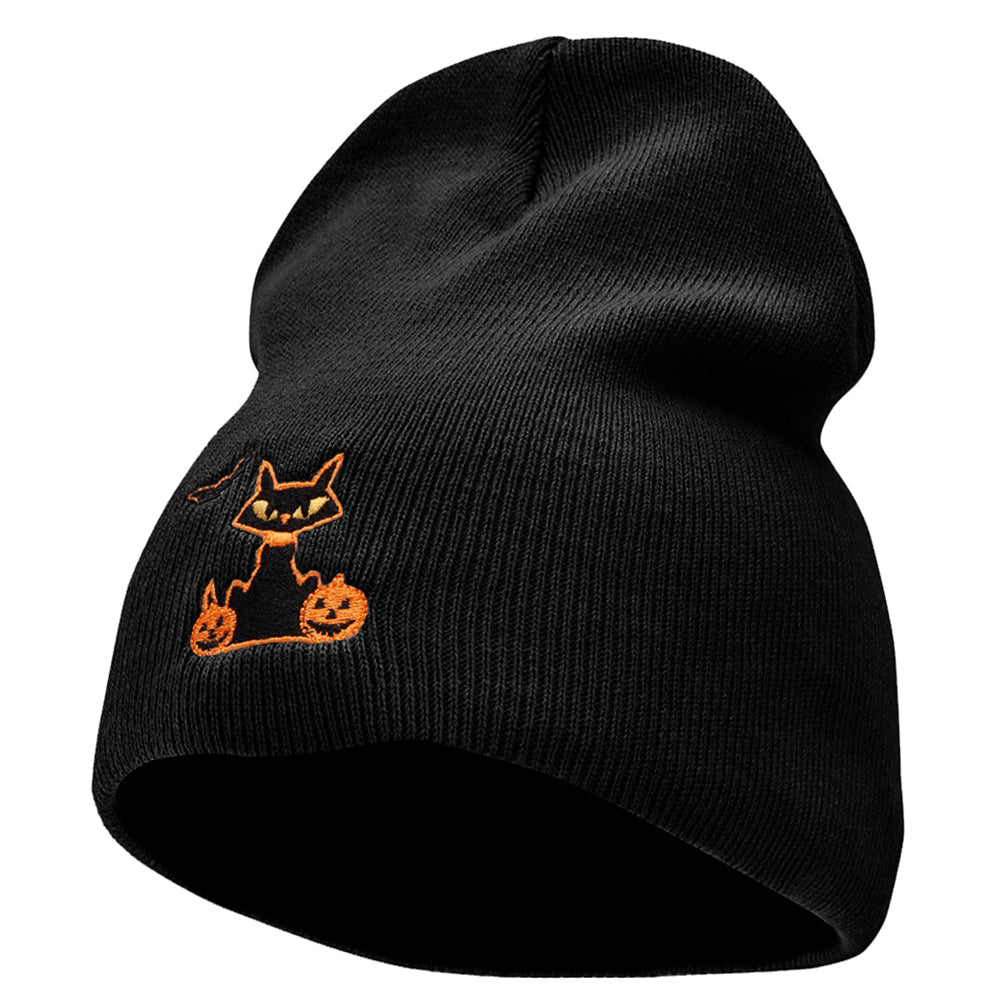 Halloween Bat, Cat and Pumpkin Embroidered Short Beanie - Black OSFM