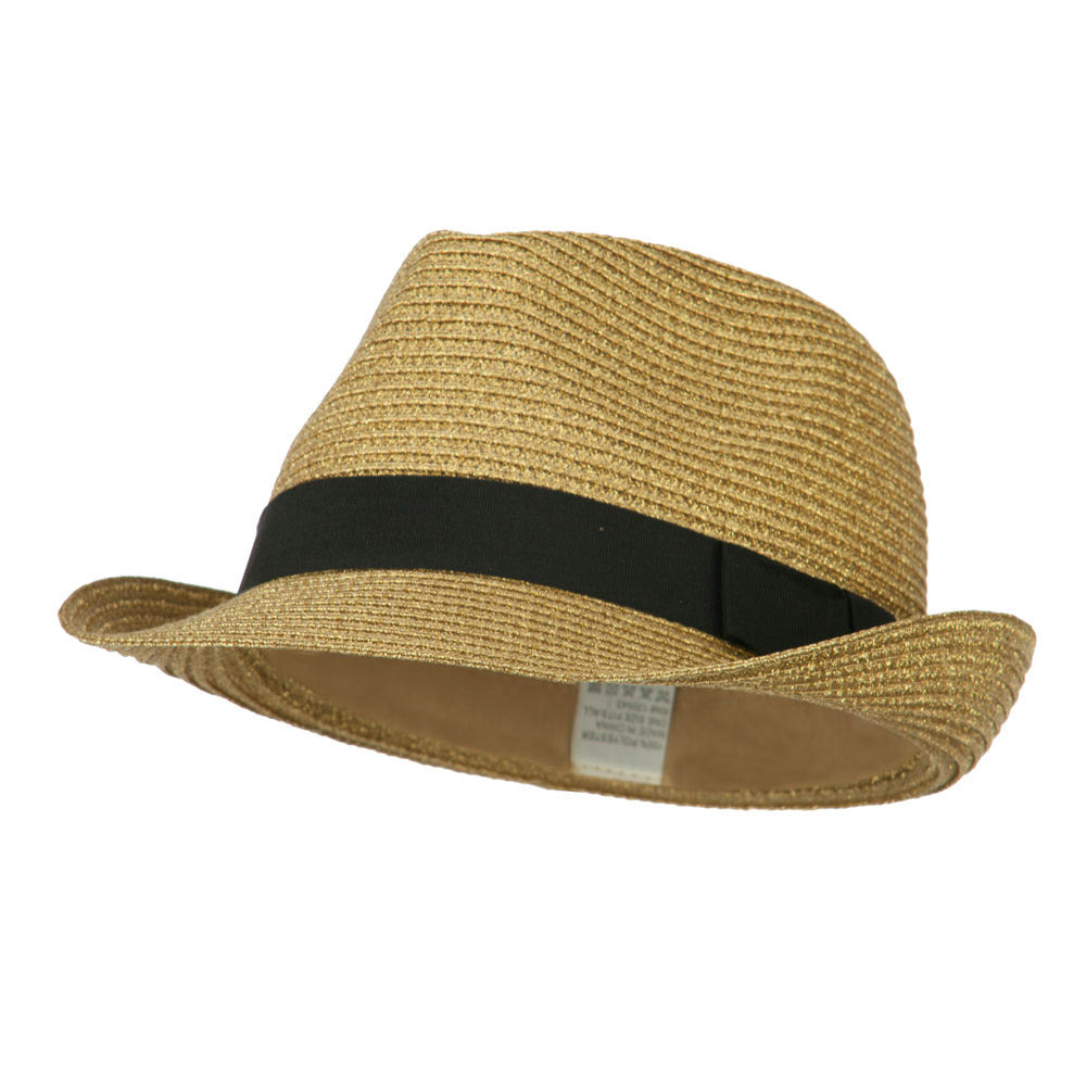 Women&#039;s Metallic and Black Ribbon Fedora - Gold OSFM