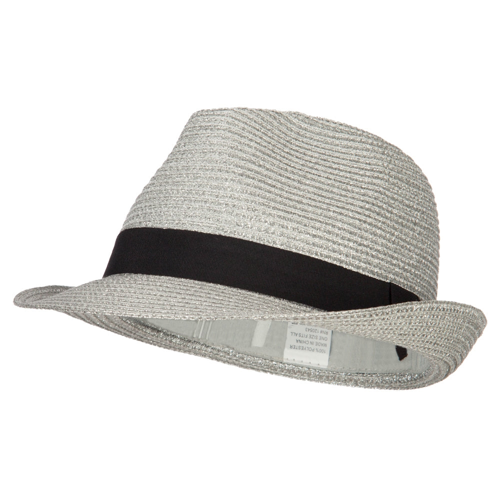 Women&#039;s Metallic and Black Ribbon Fedora - Silver OSFM