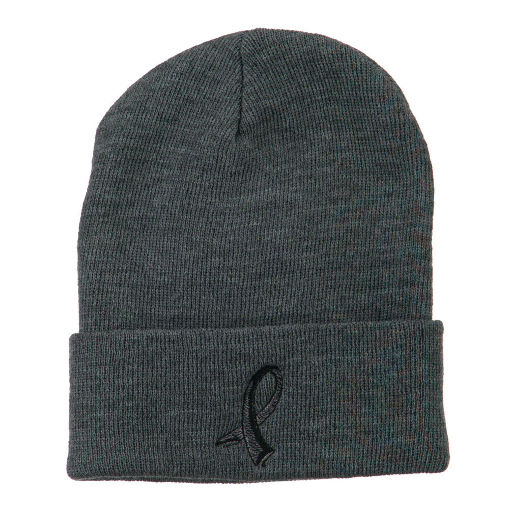 Black Ribbon Skin Cancer Embroidered Long Beanie - Grey OSFM