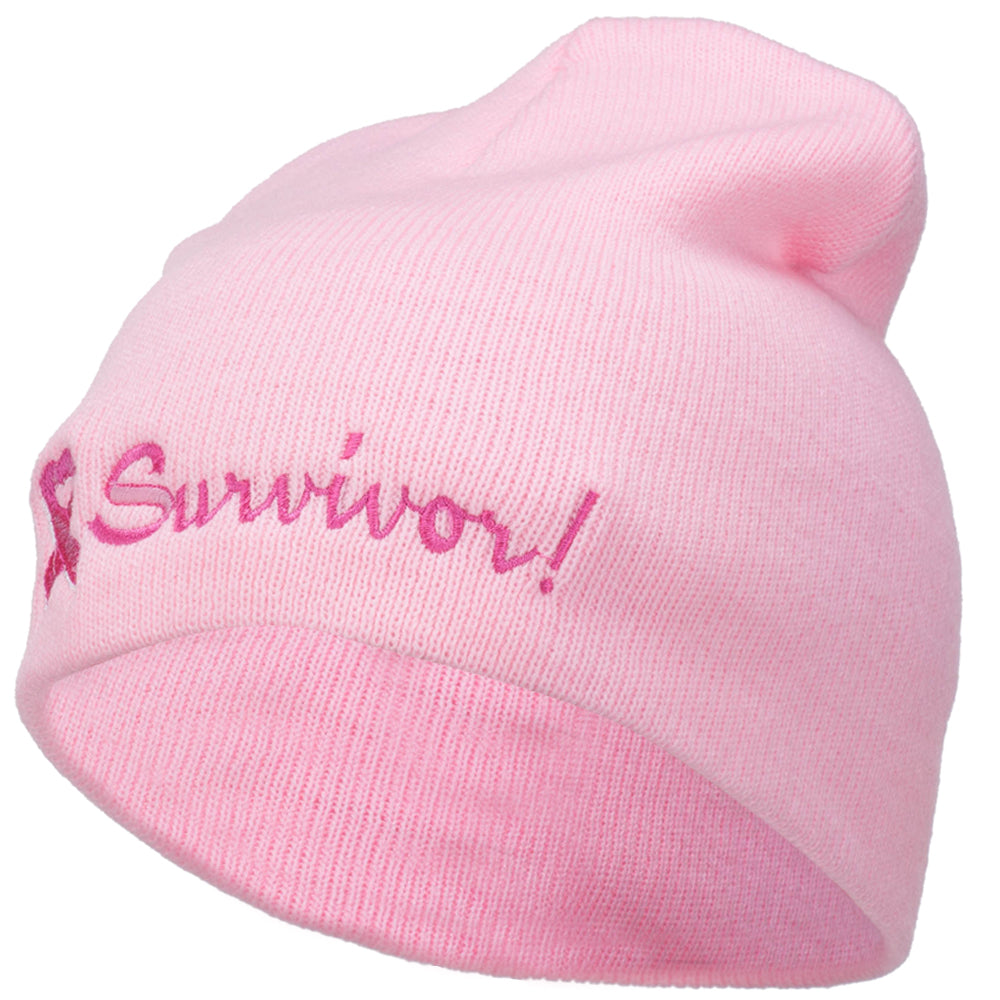 Breast Cancer Ribbon Survivor Embroidered Short Beanie - Pink OSFM