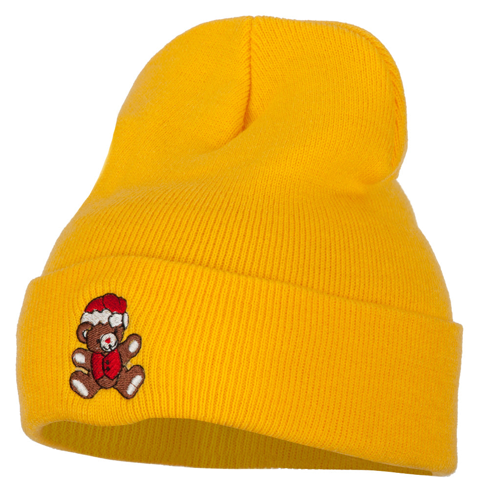 Santa Bear Embroidered Long Knitted Beanie - Yellow OSFM