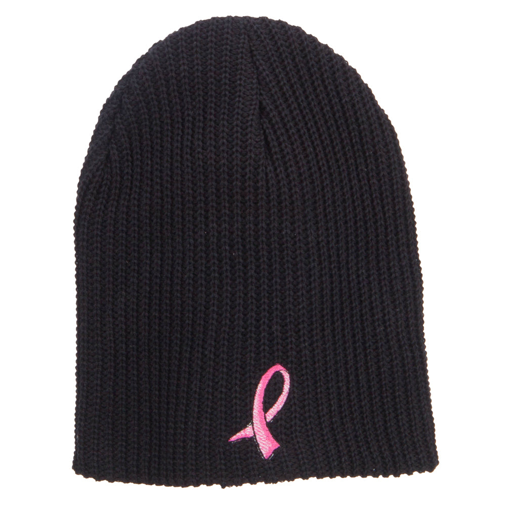 Ribbon Breast Cancer Embroidered Ribbed Oversize Beanie - Black XL-3XL