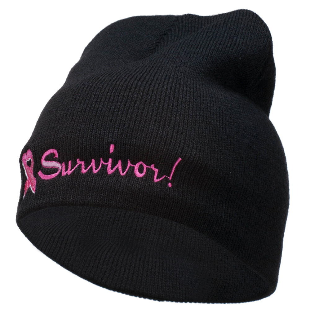 Breast Cancer Ribbon Survivor Embroidered Short Beanie - Black OSFM