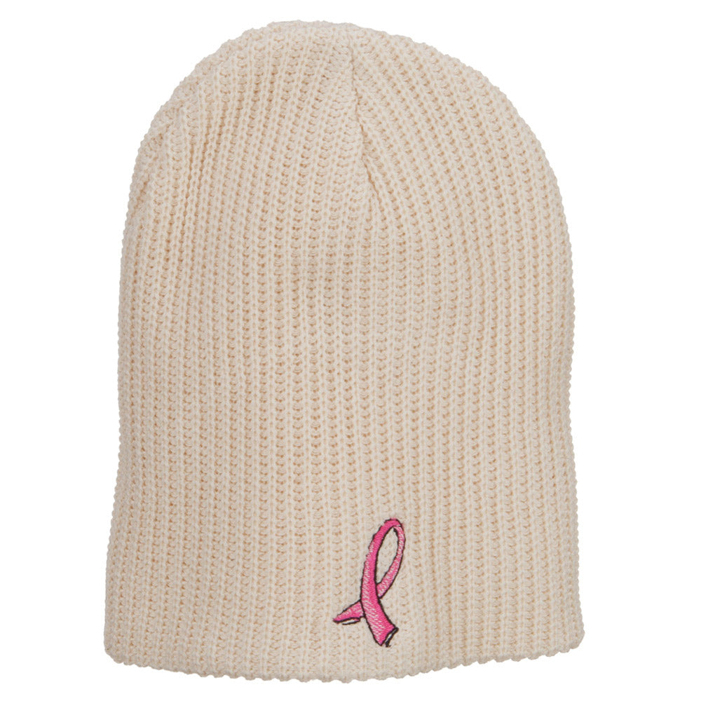 Ribbon Breast Cancer Embroidered Ribbed Oversize Beanie - Natural XL-3XL