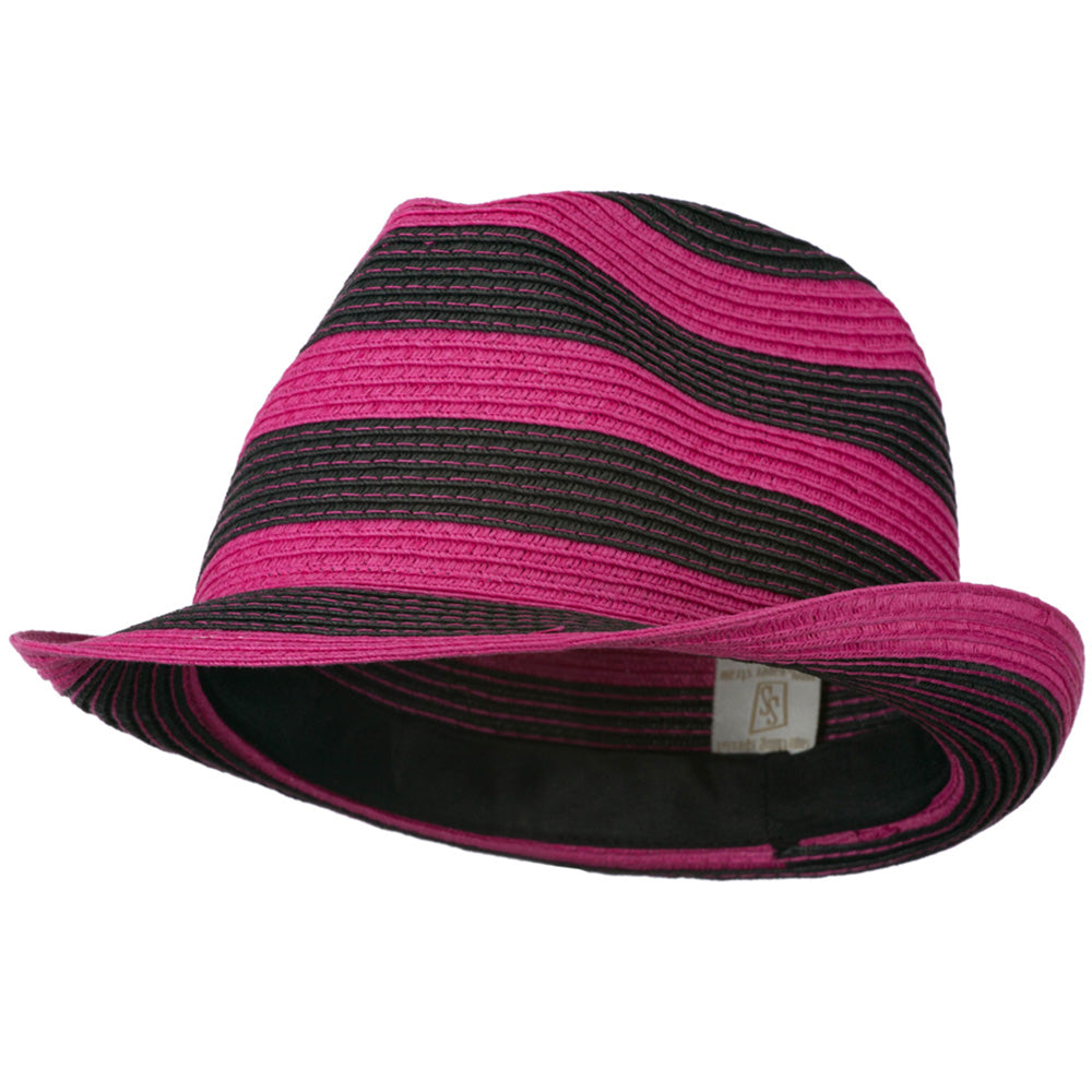 Paper Braid Striped Fedora Hat - Fuchsia Black OSFM