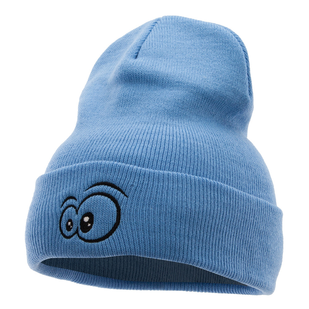 Big Eyes Embroidered 12 Inch Long Knitted Beanie - Sky Blue OSFM