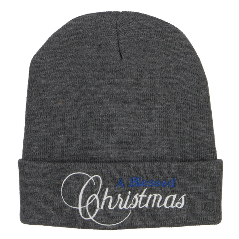 A Blessed Christmas Embroidered Long Beanie - Dk Grey OSFM