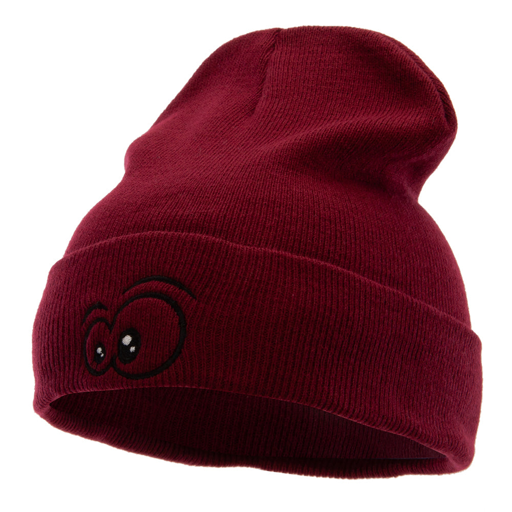 Big Eyes Embroidered 12 Inch Long Knitted Beanie - Maroon OSFM