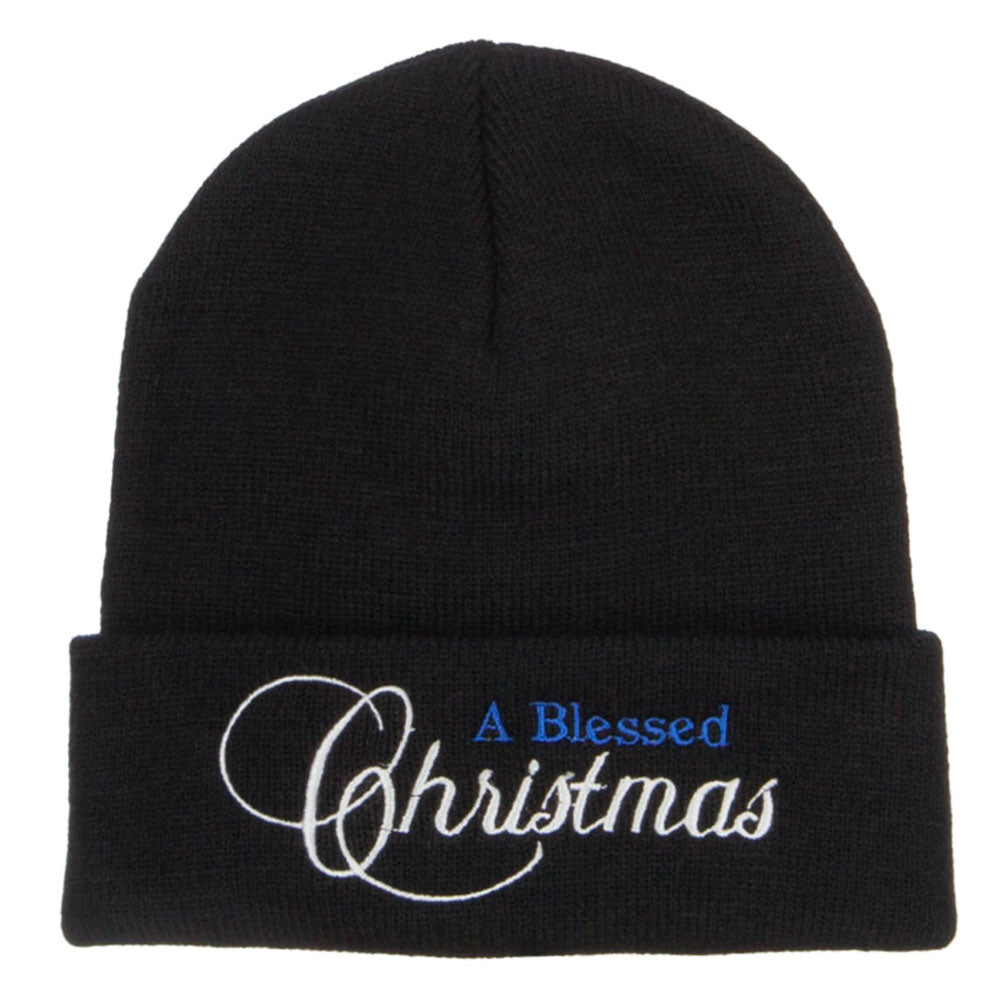 A Blessed Christmas Embroidered Long Beanie - Black OSFM