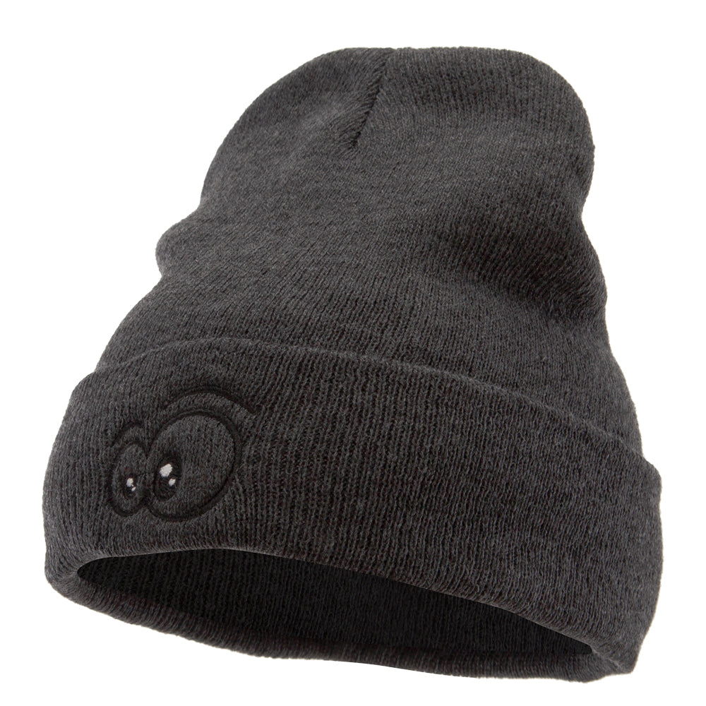 Big Eyes Embroidered 12 Inch Long Knitted Beanie - Heather Charcoal OSFM