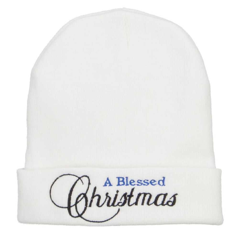 A Blessed Christmas Embroidered Long Beanie - White OSFM