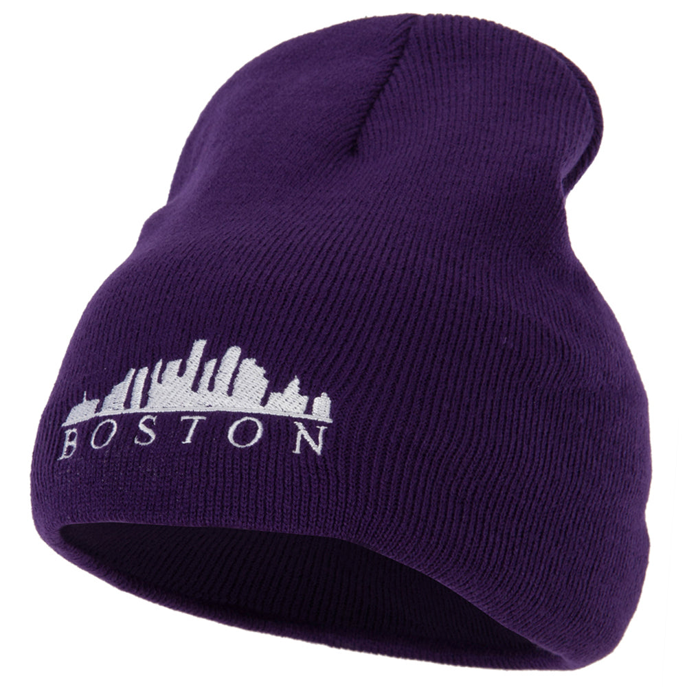 Boston Skyline Embroidered 8 Inch Knitted Short Beanie - Purple OSFM