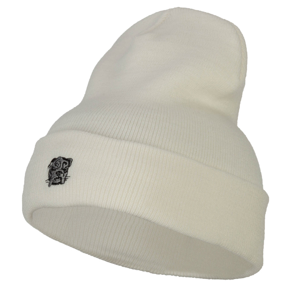 Bulldog Head Embroidered Long Knitted Beanie - White OSFM