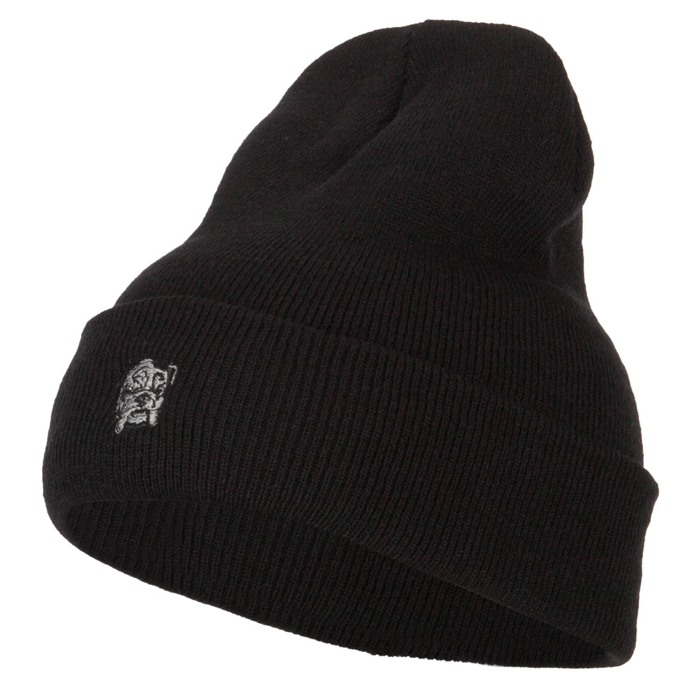 Bulldog Head Embroidered Long Knitted Beanie - Black OSFM